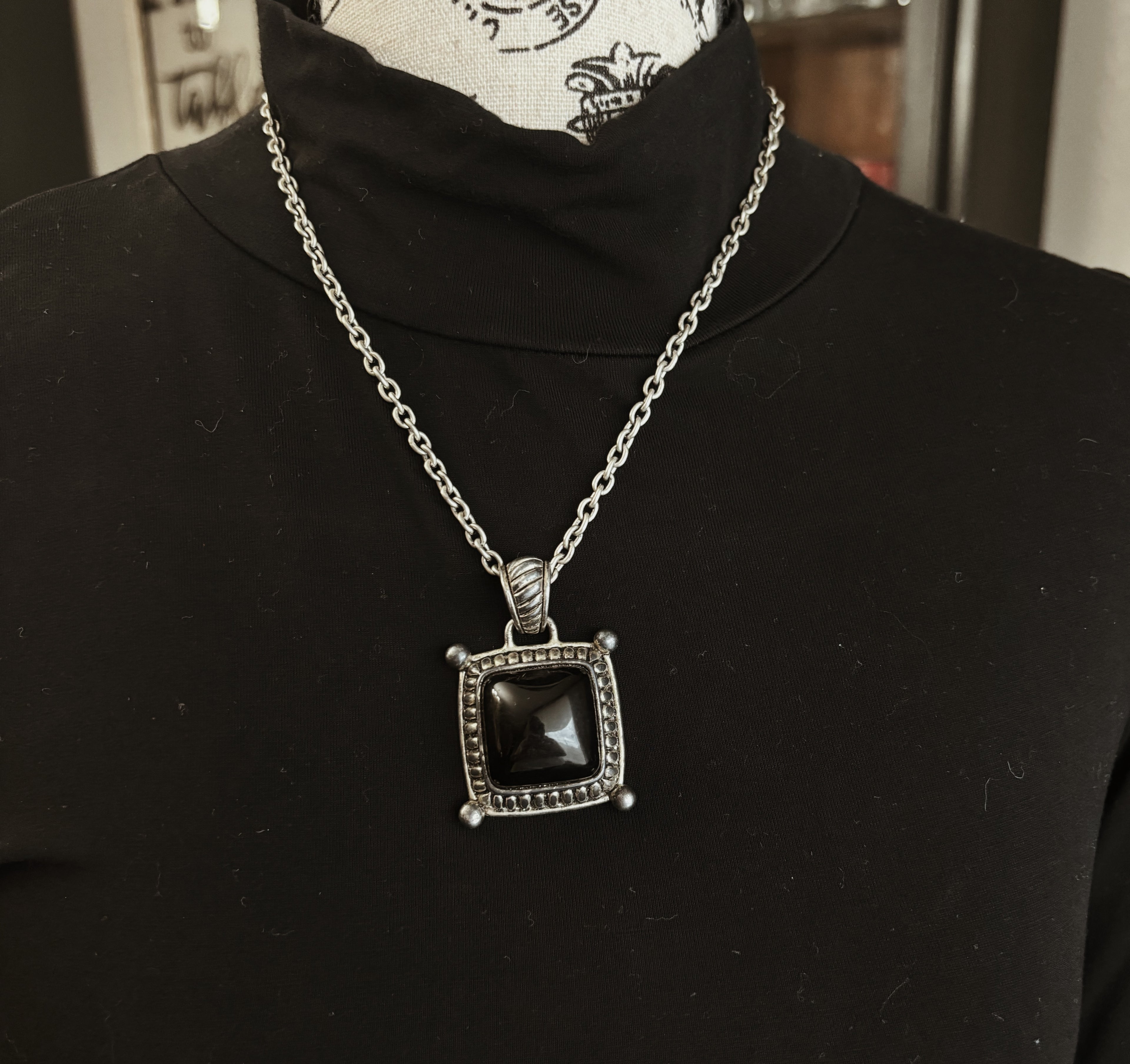 Black Onyx and Silver Pendant and Chain